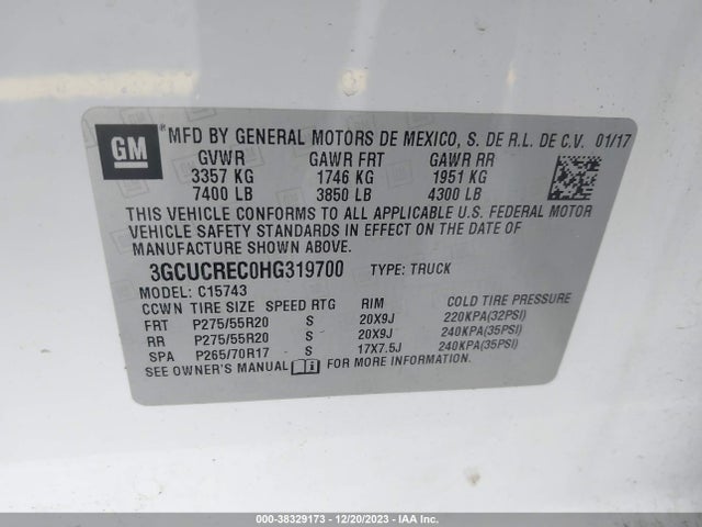 2017 CHEVROLET SILVERADO 1500 1LT VIN: 3GCUCREC0HG319700