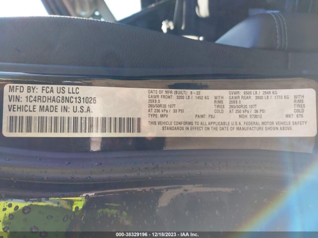 1C4RDHAG8NC131026 Dodge Durango Sxt Rwd
