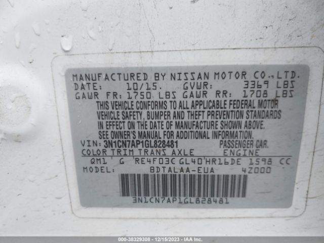 3N1CN7AP1GL828481 Nissan Versa 1.6 S