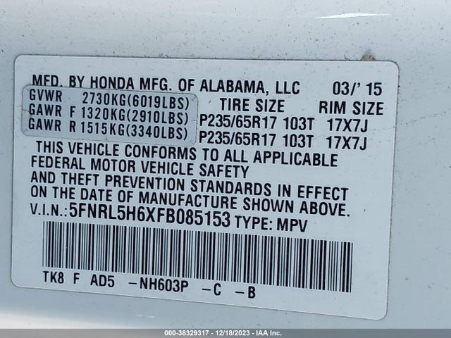 Honda Odyssey Ex-l 2015 5FNRL5H6XFB085153 Image 9