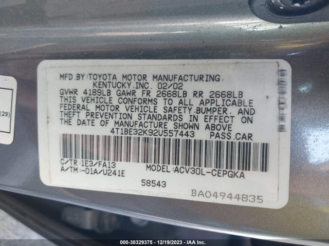 2002 TOYOTA CAMRY XLE VIN: 4T1BE32K92U557443