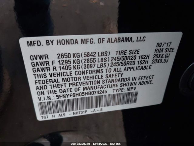 5FNYF6H05HB074245 Honda Pilot Elite