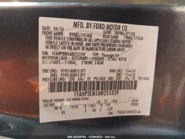 2010 FORD FOCUS S VIN: 1FAHP3EN1AW255359