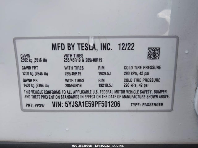Tesla Model S Dual Motor All-wheel Drive/standard Range 2023 5YJSA1E59PF501206 Image 9