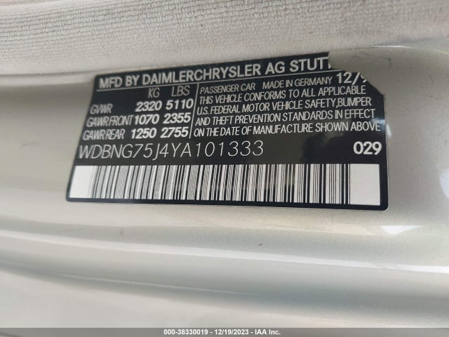 38330019 :رقم المزاد ، WDBNG75J4YA101333 vin ، 2000 Mercedes-benz S 500 مزاد بيع