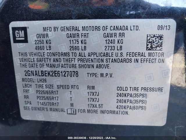 Chevrolet EQUINOX 1LT 2014 2GNALBEK2E6127078 Image 9