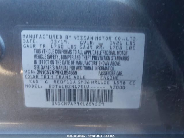 3N1CN7AP9KL854559 Nissan Versa 1.6 Sv