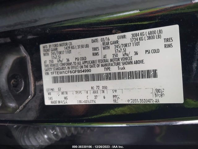 2016 FORD F-150 XLT VIN: 1FTEW1CF6GFB54990