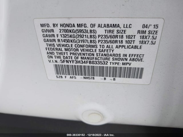 Honda PILOT SE 2015 5FNYF3H34FB033532 Image 9