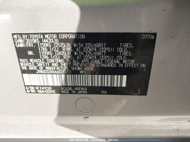 2006 TOYOTA RAV4 VIN: JTMZD33V666020201