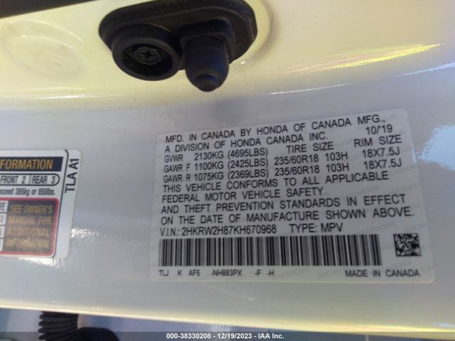 2HKRW2H87KH670968 Honda Cr-v Ex-l