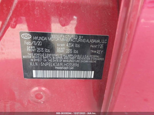 2020 HYUNDAI SONATA SEL VIN: 5NPEL4JA9LH035896