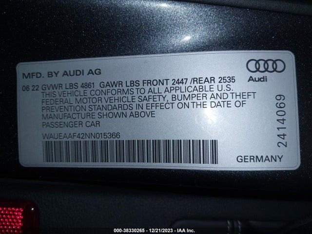 2022 AUDI A4 PREMIUM PLUS 45 TFSI S LINE QUATTRO S TRONIC VIN: WAUEAAF42NN015366