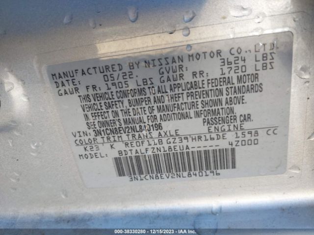 3N1CN8EV2NL840196 Nissan Versa 1.6 Sv Xtronic Cvt