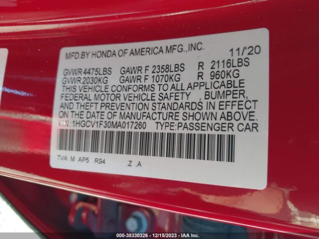 2021 HONDA ACCORD 1HGCV1F30MA017260 Photo 8
