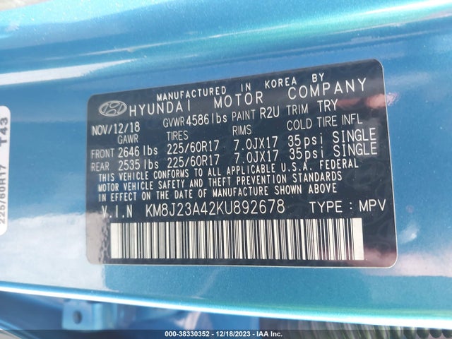 2019 HYUNDAI TUCSON SE VIN: KM8J23A42KU892678