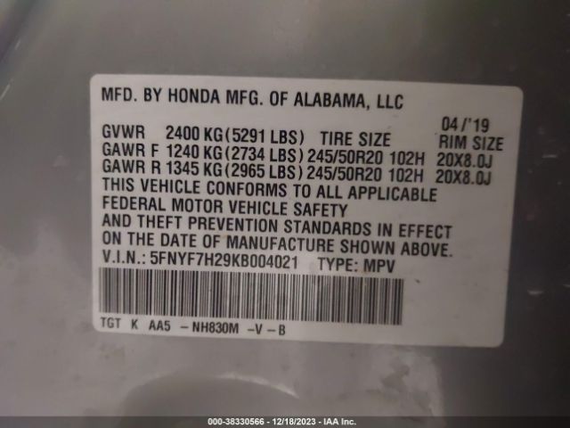 5FNYF7H29KB004021 Honda Passport Sport