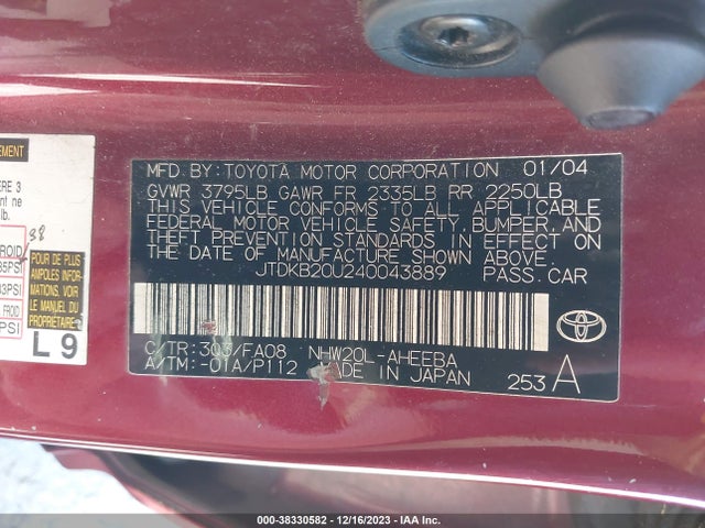 2004 TOYOTA PRIUS VIN: JTDKB20U240043889