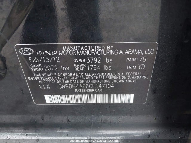 2012 HYUNDAI ELANTRA GLS VIN: 5NPDH4AE6CH147104