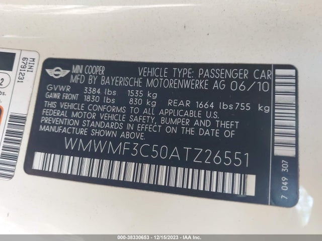 2010 MINI COOPER WMWMF3C50ATZ26551 Photo 8