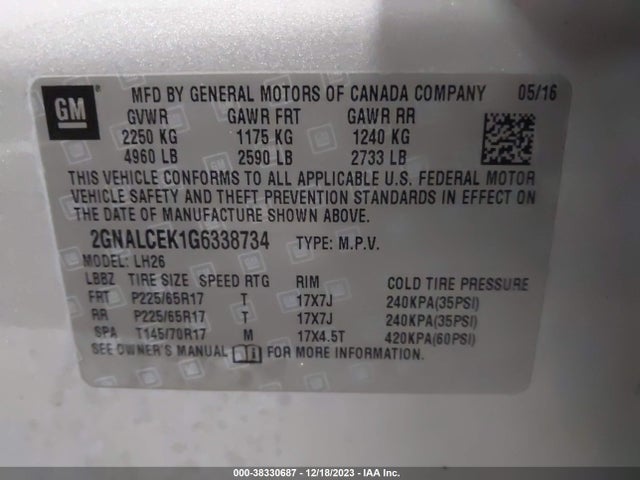 Chevrolet EQUINOX LT 2016 2GNALCEK1G6338734 Image 9