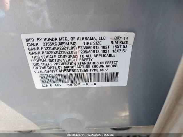 Honda Pilot Ex-l 2014 5FNYF4H55EB041869 Image 9