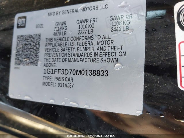 Chevrolet Camaro Rwd  Lt1 2021 1G1FF3D70M0138833 Image 9