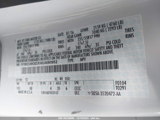Ford ESCAPE SE 2017 1FMCU9GDXHUA90952 Image 9