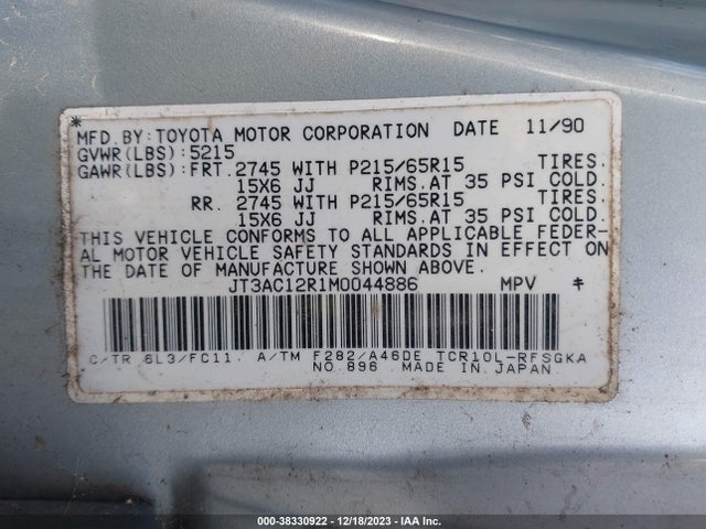 1991 TOYOTA PREVIA LE VIN: JT3AC12R1M0044886