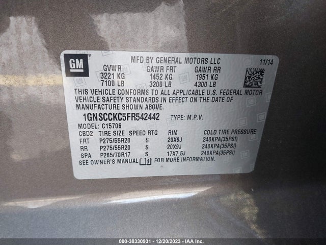 Chevrolet Tahoe Ltz 2015 1GNSCCKC5FR542442 Image 9