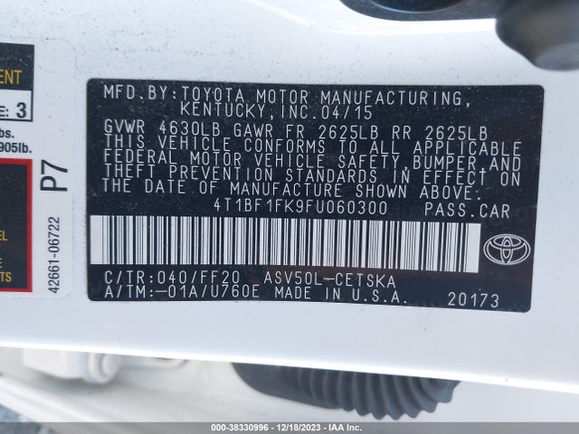 2015 TOYOTA CAMRY SE VIN: 4T1BF1FK9FU060300