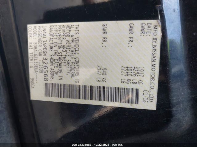 1N4AL3AP0GN326568 Nissan Altima 2.5/2.5 S/2.5 Sl/2.5 Sr/2.5 Sv