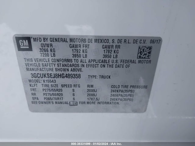 2017 CHEVROLET SILVERADO 1500 1LZ VIN: 3GCUKSEJ8HG489358