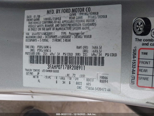2008 FORD FUSION SE VIN: 3FAHP07178R208911