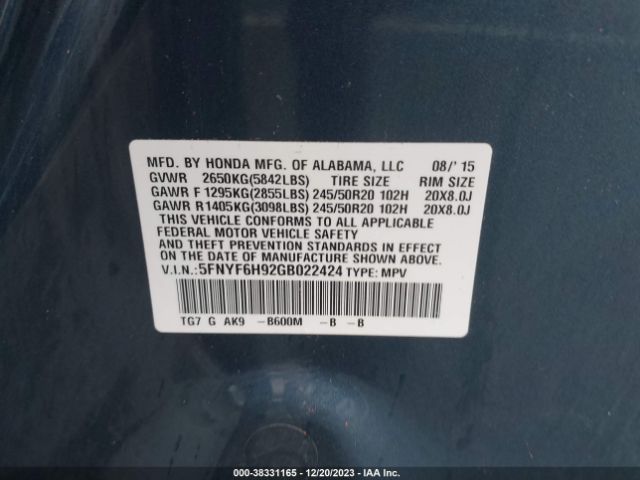 5FNYF6H92GB022424 Honda Pilot Touring