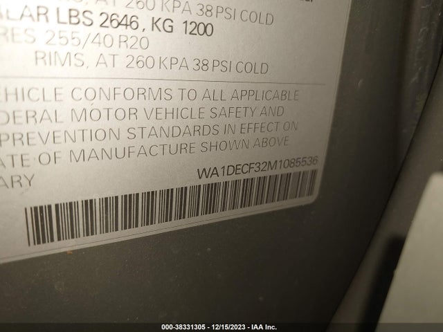 2021 AUDI Q3 PREMIUM 45 TFSI S LINE QUATTRO TIPTRONIC VIN: WA1DECF32M1085536