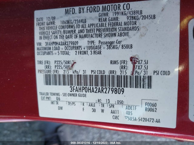 2010 FORD FUSION SE VIN: 3FAHP0HA2AR279809