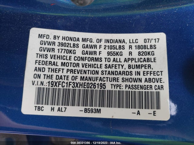 Honda Civic Ex-t 2017 19XFC1F3XHE026195 Image 9