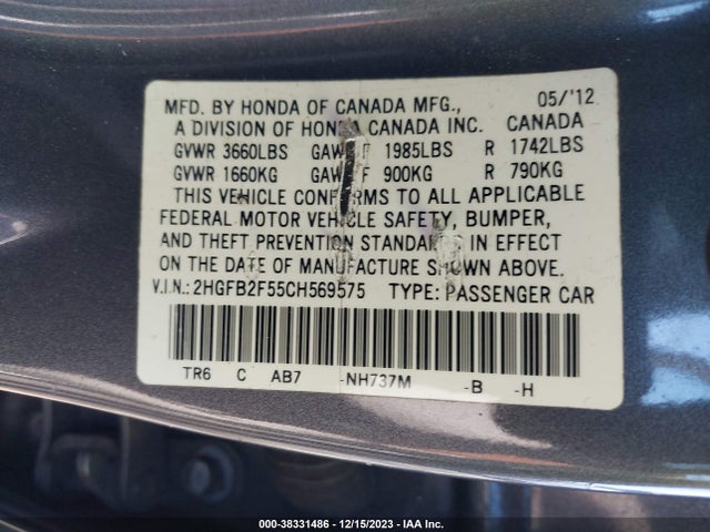 2012 HONDA CIVIC LX VIN: 2HGFB2F55CH569575