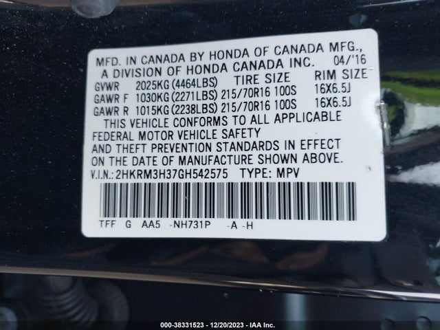 2016 HONDA CR-V LX VIN: 2HKRM3H37GH542575