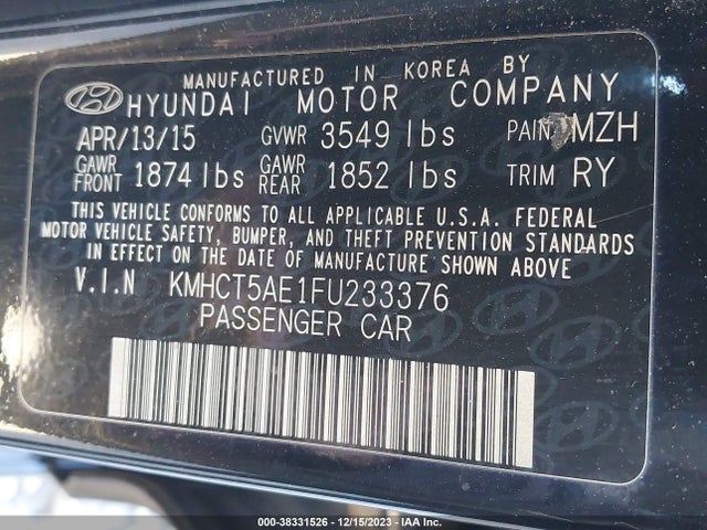 2015 HYUNDAI ACCENT GS VIN: KMHCT5AE1FU233376
