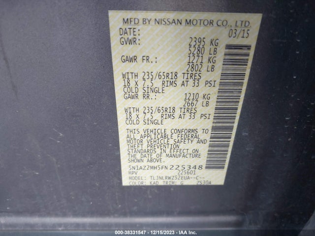 Nissan MURANO SL 2015 5N1AZ2MH5FN225348 Image 9