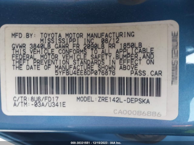 2013 TOYOTA COROLLA S VIN: 5YFBU4EE8DP076876