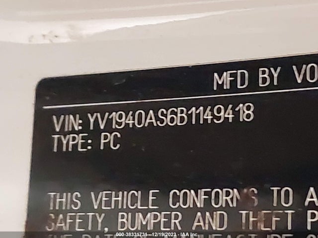 2011 VOLVO S80 3.2 VIN: YV1940AS6B1149418