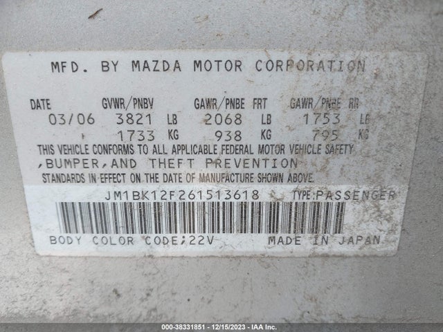 2006 MAZDA MAZDA3 I VIN: JM1BK12F261513618