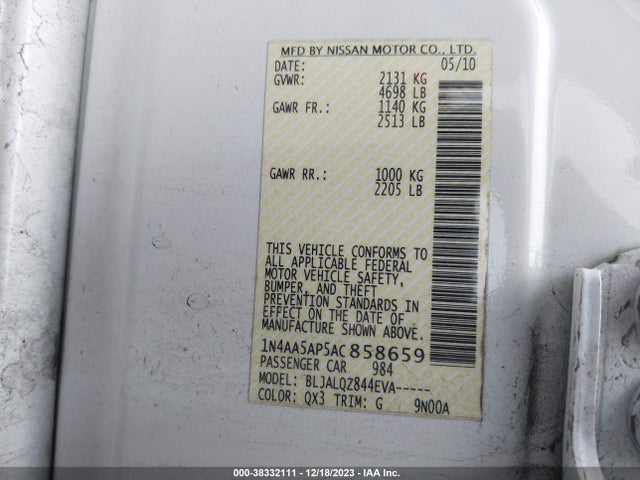 2010 NISSAN MAXIMA 3.5 S VIN: 1N4AA5AP5AC858659