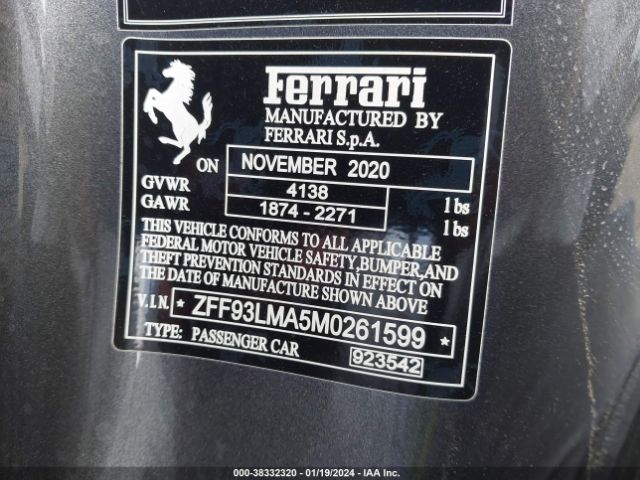 ZFF93LMA5M0261599 Ferrari F8 Spider