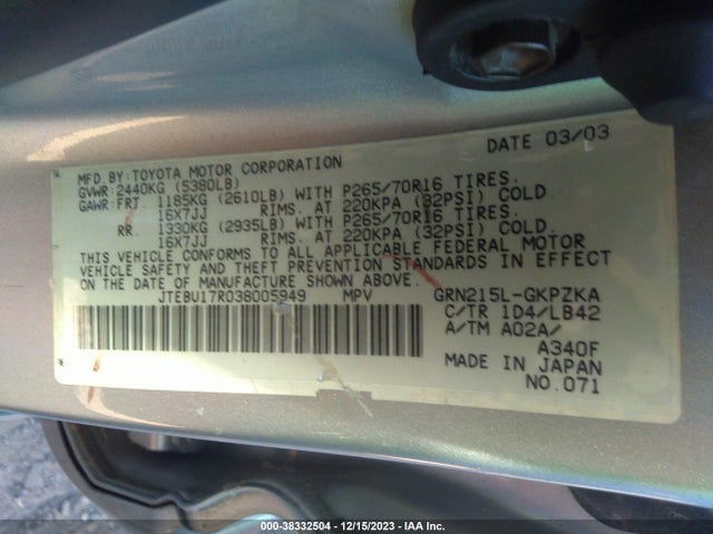 2003 TOYOTA 4RUNNER LIMITED VIN: JTEBU17R038005949