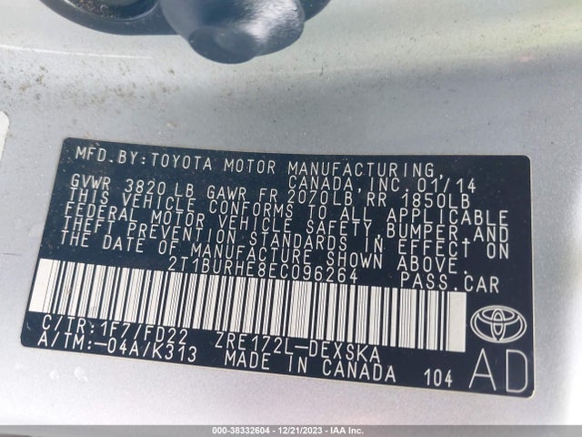 2014 TOYOTA COROLLA S PLUS VIN: 2T1BURHE8EC096264