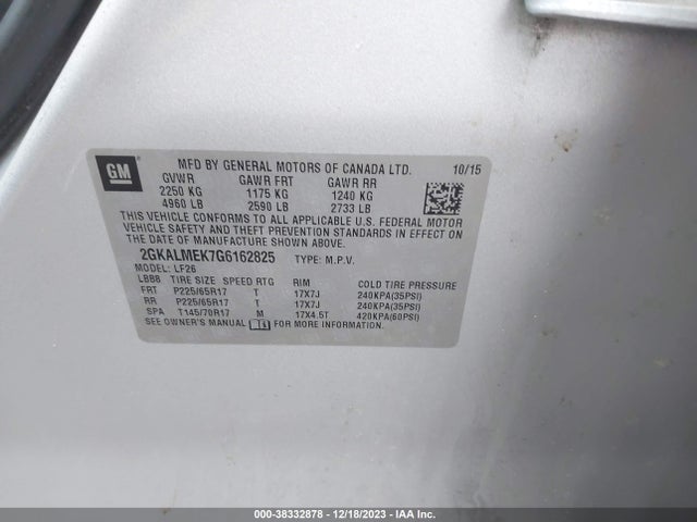 GMC Terrain Sle-1 2016 2GKALMEK7G6162825 Image 9